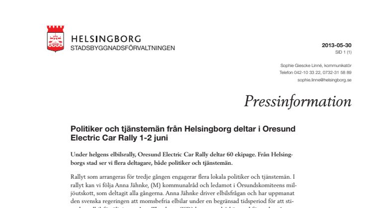 Politiker och tjänstemän från Helsingborg deltar i Oresund Electric Car Rally 1-2 juni