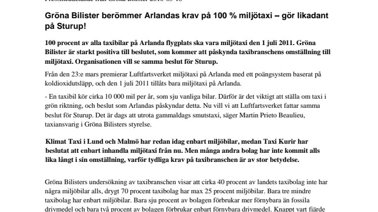 Gröna Bilister berömmer Arlandas krav på 100 % miljötaxi – gör likadant på Sturup!