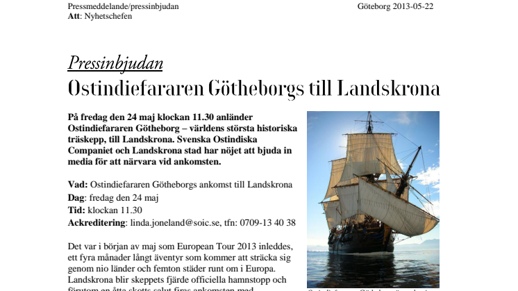 Pressinbjudan Ostindiefararen Götheborg till Landskrona                 