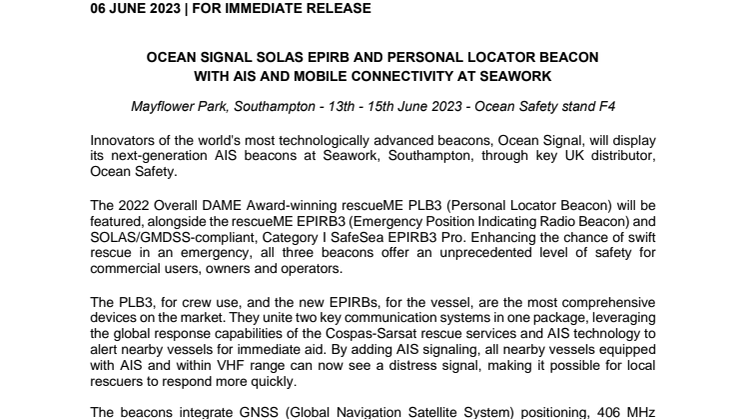 6th June 2023 - Press Release - Ocean Signal Exhibits at Seawork Through Distributors.pdf