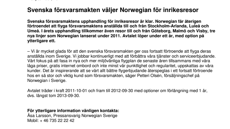 Svenska försvarsmakten väljer Norwegian för inrikesresor