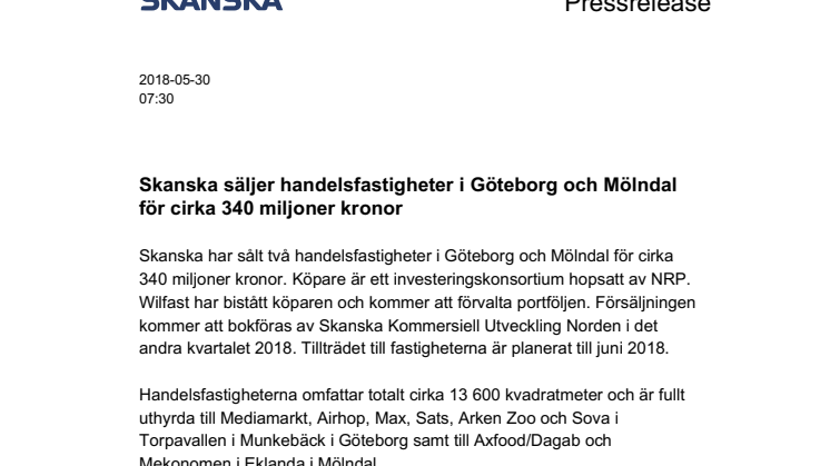 Skanska säljer handelsfastigheter i Göteborg och Mölndal för cirka 340 miljoner kronor