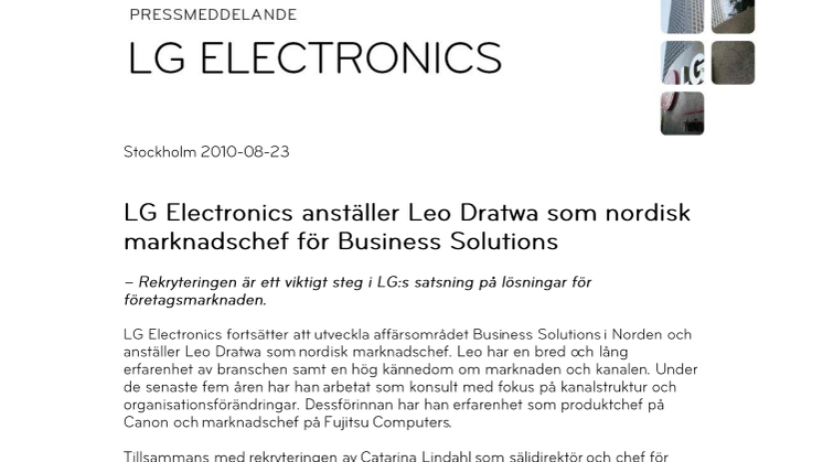 LG Electronics anställer Leo Dratwa som nordisk marknadschef för Business Solutions