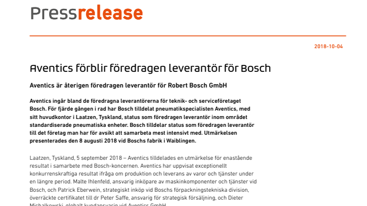 Aventics förblir föredragen leverantör för Bosch
