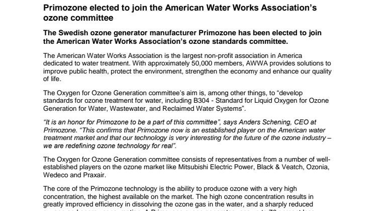 Primozone elected to join the American Water Works Association’s ozone committee