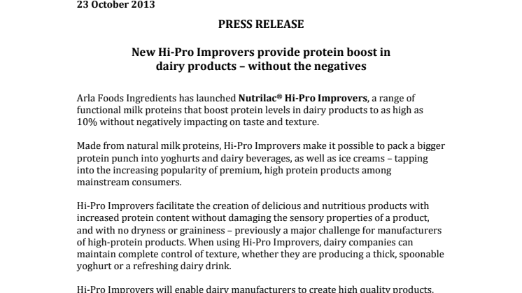 New Hi-Pro Improvers provide protein boost in dairy products – without the negatives