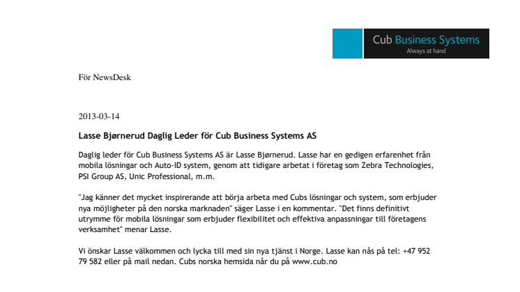 Lasse Bjørnerud Daglig Leder för Cub Business Systems AS