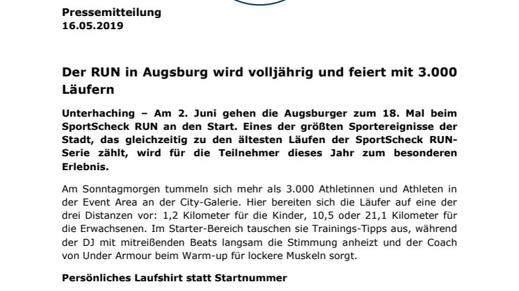 Der RUN in Augsburg wird volljährig und feiert mit 3.000 Läufern