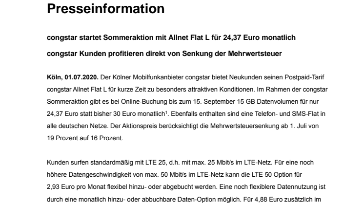 congstar startet Sommeraktion mit Allnet Flat L für 24,37 Euro monatlich