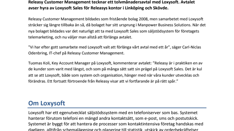 Releasy förlänger avtal med Loxysoft