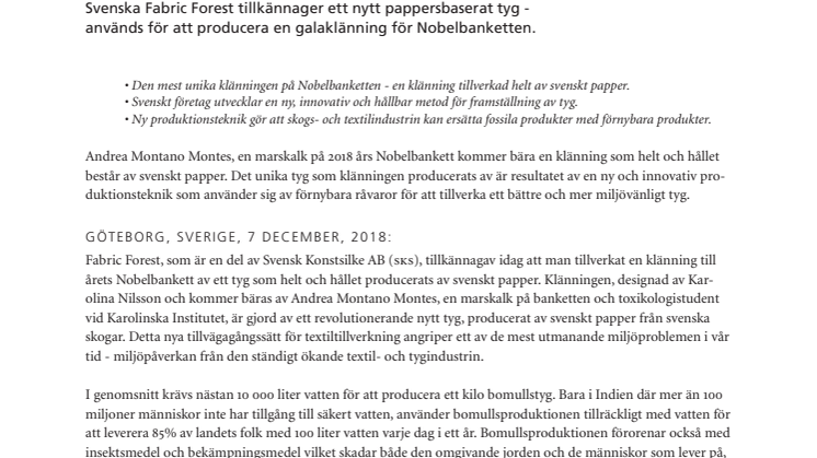 Svenska Fabric Forest tillkännager ett nytt pappersbaserat tyg - används för att producera en galaklänning för Nobelbanketten.