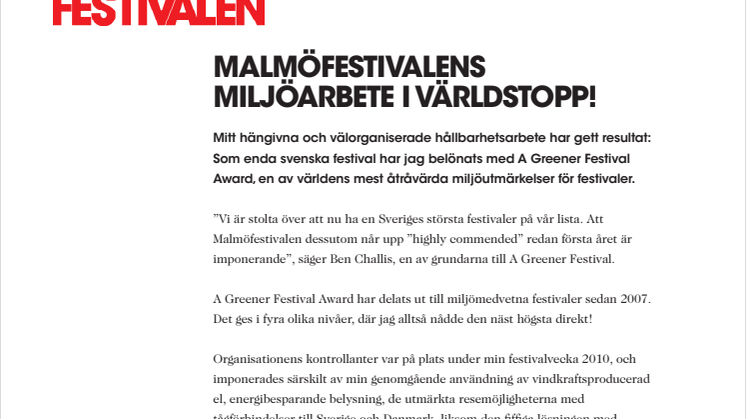 Malmöfestivalens miljöarbete i världstopp!