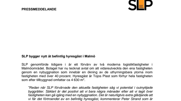 ​SLP bygger nytt åt befintlig hyresgäst i Malmö