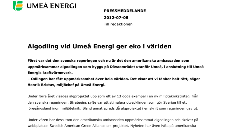 Algodling vid Umeå Energi ger eko i världen