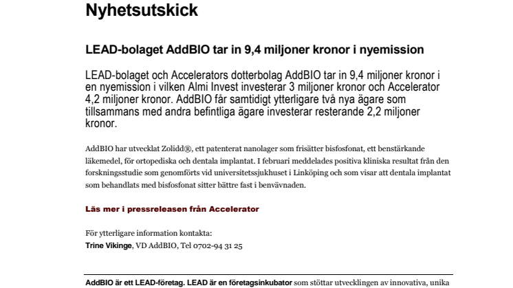 LEAD-bolaget AddBIO tar in 9,4 miljoner kronor i nyemission