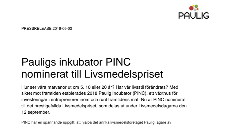 Pauligs inkubator PINC nominerat till Livsmedelspriset