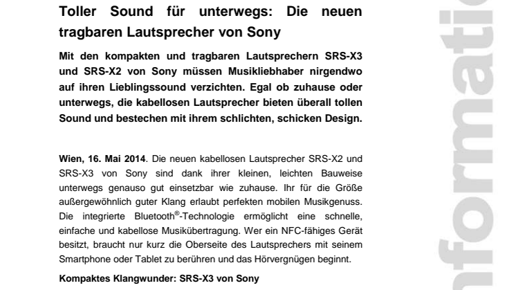 Pressemitteilung "Toller Sound für unterwegs: Die neuen tragbaren Lautsprecher von Sony" 