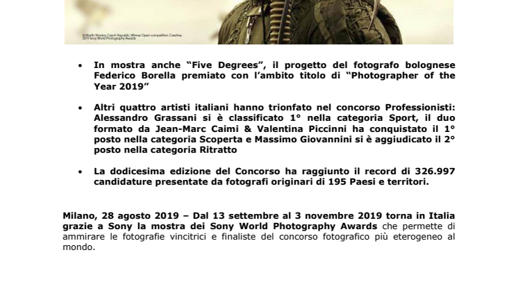 In Italia la mostra dei Sony World Photography Awards  alla Villa Reale di Monza dal 13 settembre al 3 novembre   