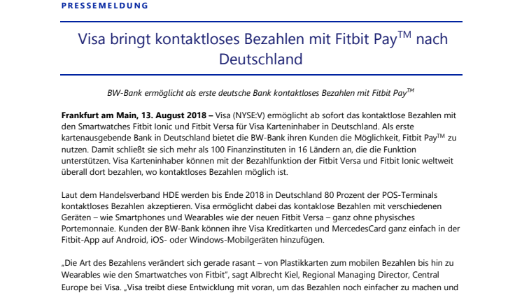 Visa bringt kontaktloses Bezahlen mit Fitbit Pay TM nach Deutschland