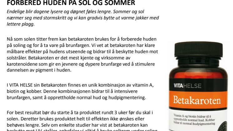 Forbered huden på sol og sommer med VITA HELSE Betakaroten 