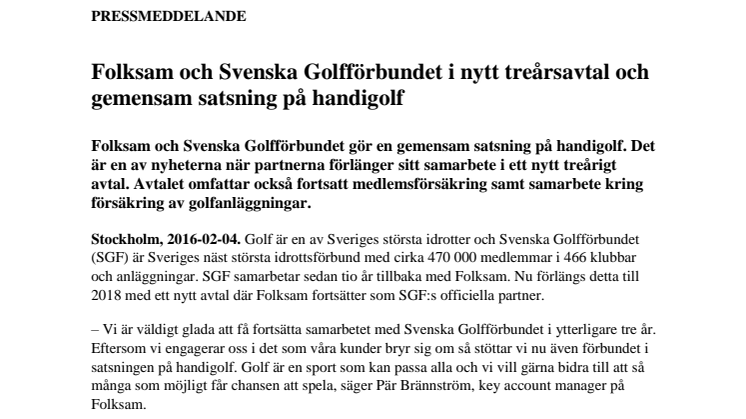 Folksam och Svenska Golfförbundet i nytt treårsavtal och gemensam satsning på handigolf