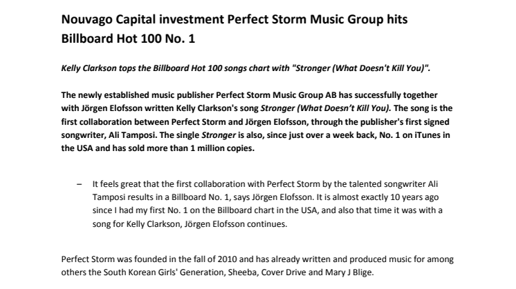 Nouvago Capital investment Perfect Storm Music Group hits Billboard Hot 100 No. 1