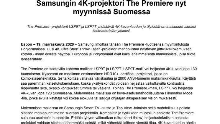 Samsungin 4K-projektori The Premiere nyt myynnissä Suomessa