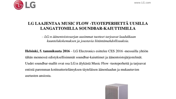 LG LAAJENTAA MUSIC FLOW -TUOTEPERHETTÄ UUSILLA LANGATTOMILLA SOUNDBAR-KAIUTTIMILLA