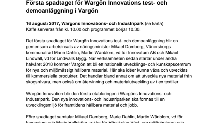 Första spadtaget för Wargön Innovations test- och demoanläggning i Vargön 