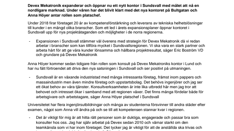 Devex Mekatronik öppnar nytt kontor i Sundsvall