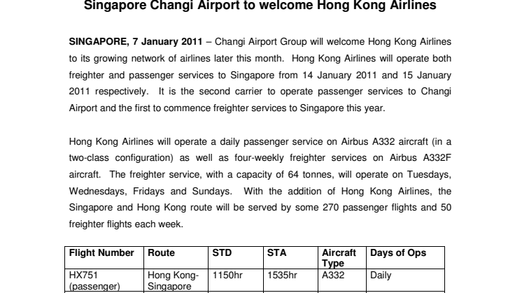 Singapore Changi Airport to welcome Hong Kong Airlines