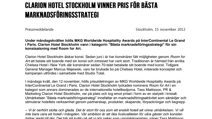 Clarion Hotel Stockholm vinner pris för bästa marknadsföringsstrategi