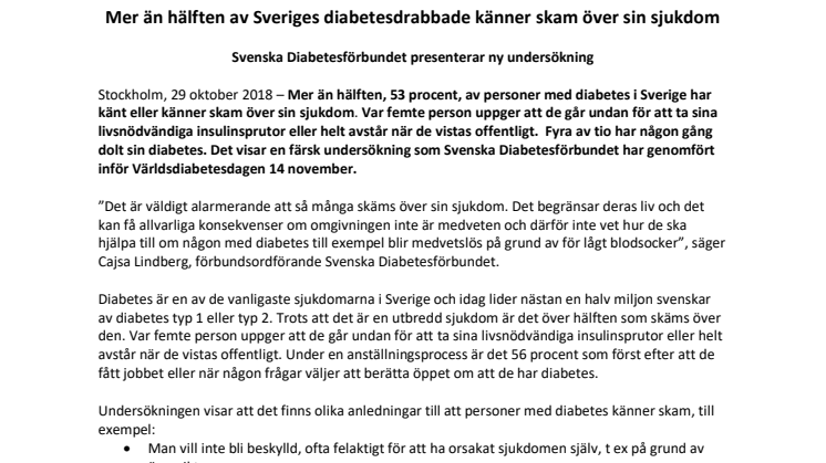 Mer än hälften av Sveriges diabetesdrabbade känner skam över sin sjukdom