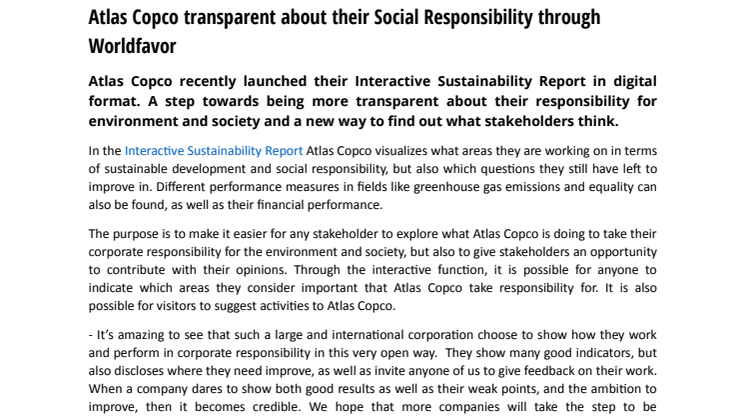 Atlas Copco transparent about their Social Responsibility through Worldfavor