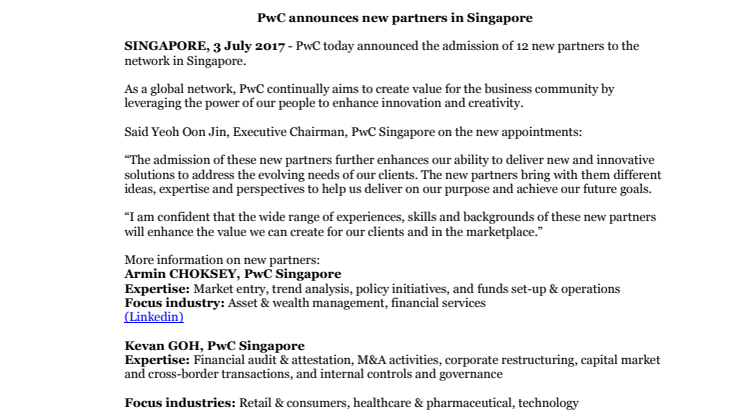 PwC announces new partners in Singapore