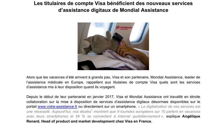 Partenariat Mondial Assistance avec Visa en France : les titulaires de compte Visa bénéficient des nouveaux services d’assistance digitaux de Mondial Assistance