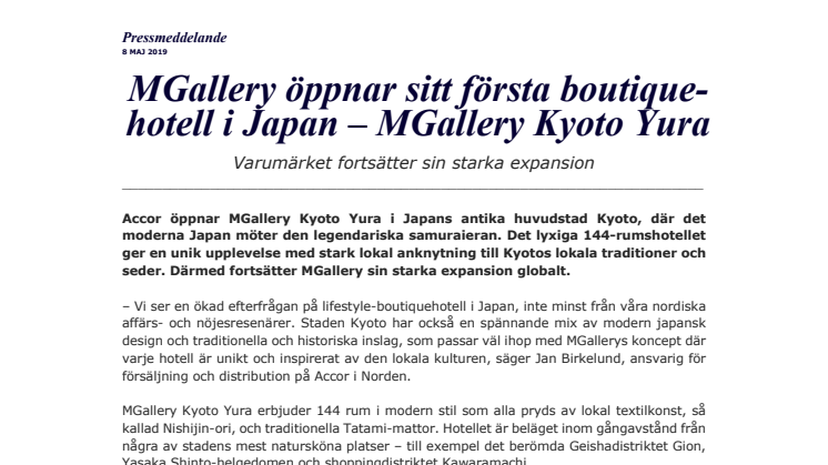 MGallery öppnar sitt första boutiquehotell i Japan – MGallery Kyoto Yura 