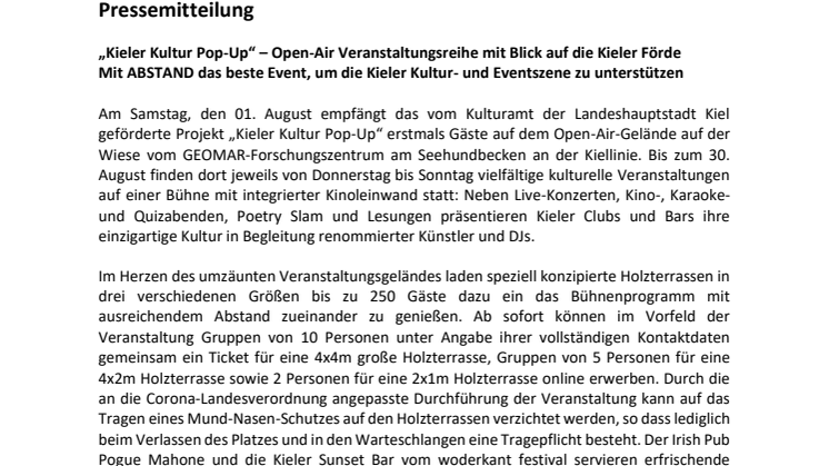 Endlich wieder Kultur live erleben - Kieler Kultur Pop Up - Open Air Event an der Kiellinie