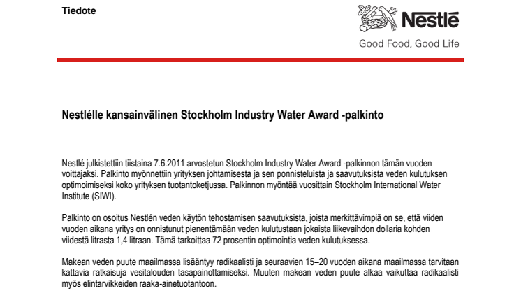 Nestlélle kansainvälinen Stockholm Industry Water Award -palkinto