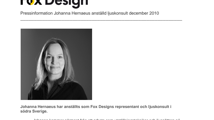 Fox Design anställer Johanna Hernaeus som ljuskonsult december 2010