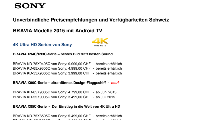 Sony BRAVIA 2015_Preise und Verfügbarkeiten