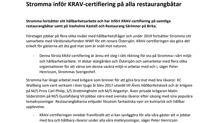 Stromma inför KRAV-certifiering på alla restaurangbåtar