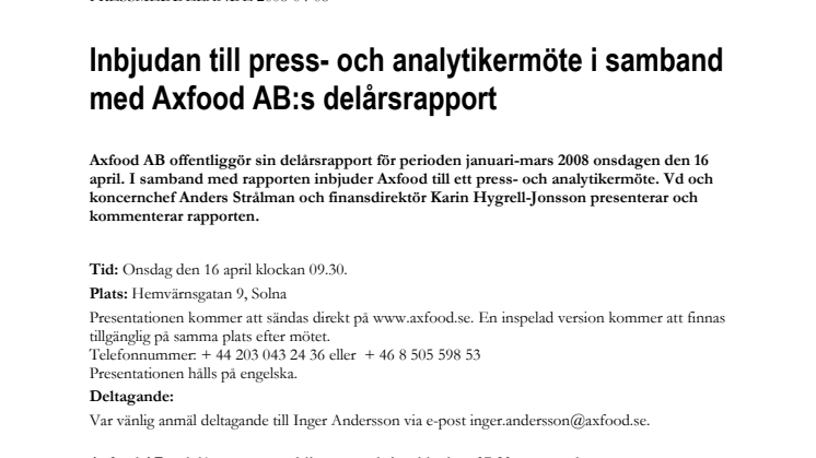 Inbjudan till press- och analytikermöte i samband med Axfood AB:s delårsrapport