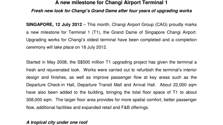 A new milestone for Changi Airport Terminal 1
