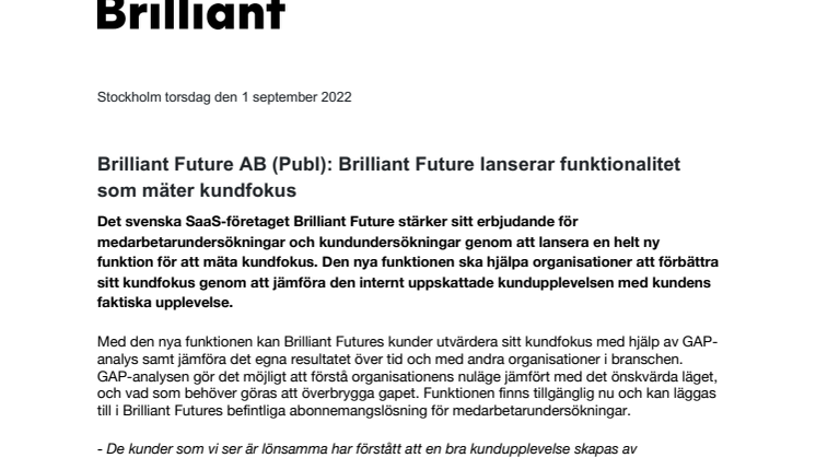 Brilliant Future pressmeddelande_Brilliant Future AB (Publ)- Brilliant Future lanserar funktionalitet som mäter kundfokus.pdf