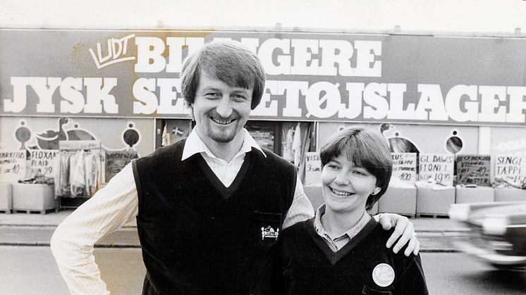 Lars Larsen ja hänen vaimonsa Kristine ensimmäisen JYSK-myymälän avajaisissa 1979.