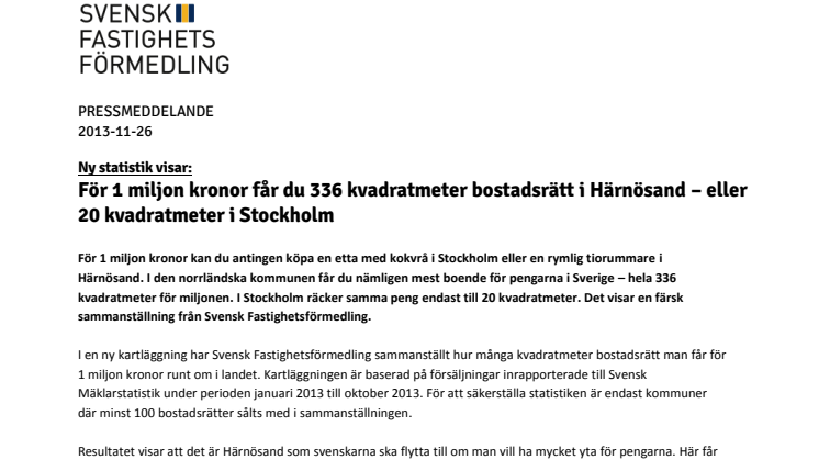 Ny statistik visar: För 1 miljon kronor får du 336 kvadratmeter bostadsrätt i Härnösand – eller  20 kvadratmeter i Stockholm