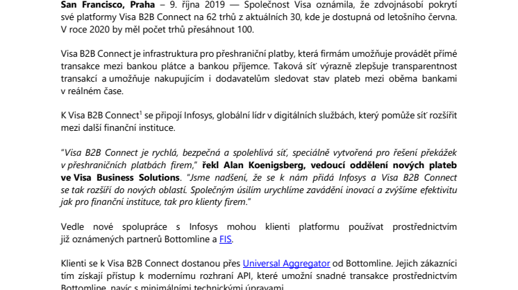 Visa B2B Connect míří do 32 nových zemí a spojí síly s Infosys