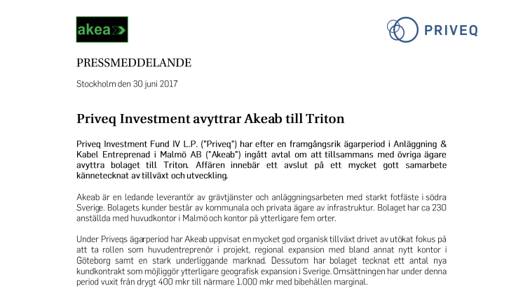 Priveq Investment avyttrar Akeab till Triton