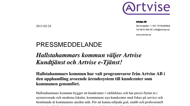 Hallstahammars kommun väljer Artvise Kundtjänst och Artvise e-Tjänst!